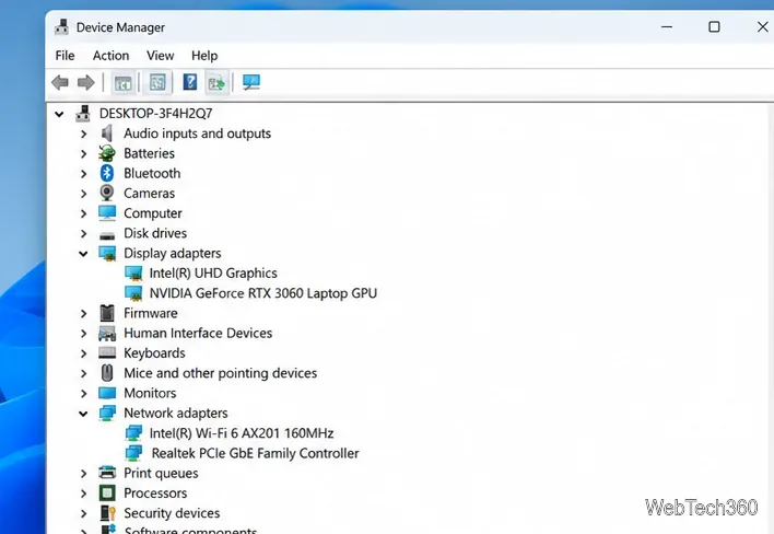 Administrador de dispositivos de Windows con adaptadores de pantalla y adaptadores de red ampliados