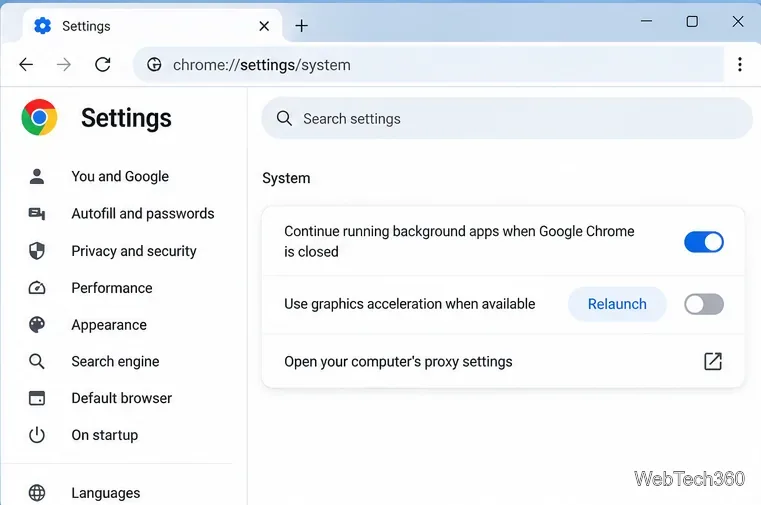 Configuración del sistema de Chrome que muestra el interruptor "Usar aceleración gráfica cuando esté disponible" y el botón "Reiniciar".