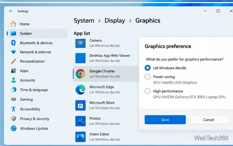 Cuadro de diálogo de preferencias de gráficos de Windows 11 para Chrome que muestra las opciones de ahorro de energía y GPU de alto rendimiento.
