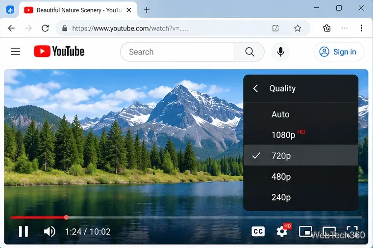 Menú de calidad de YouTube con 720p seleccionado, por debajo de 1080p y por encima de 480p.