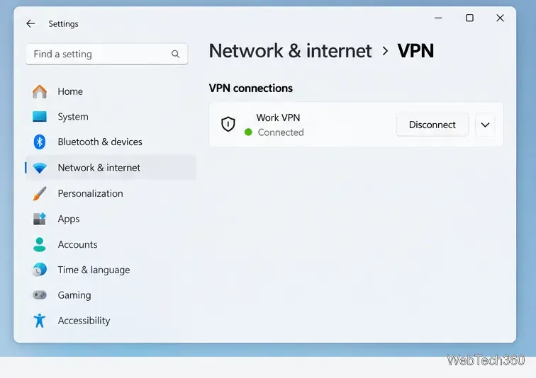 Настройки сети и интернета VPN в Windows 11 с подключенным профилем VPN и кнопкой «Отключиться».