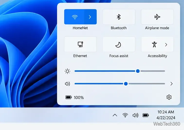 В быстрых настройках Windows 11 отображаются варианты подключения по Wi-Fi и Ethernet.
