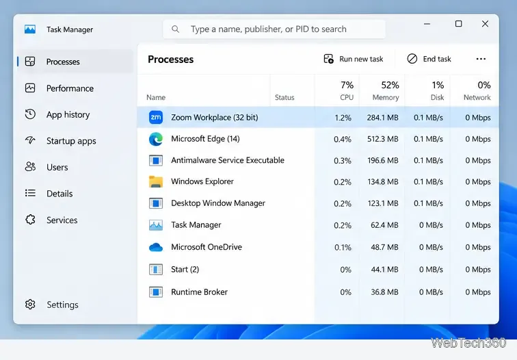 В диспетчере задач Windows в списке процессов выбран процесс Zoom Workplace.