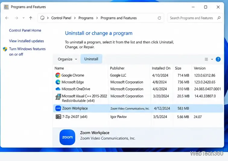 В панели управления Windows в списке «Программы и компоненты» отображается Zoom Workplace и пункт «Удалить».