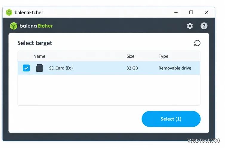 Lista de alvos do gravador com um cartão SD removível de 32 GB (D:) selecionado.