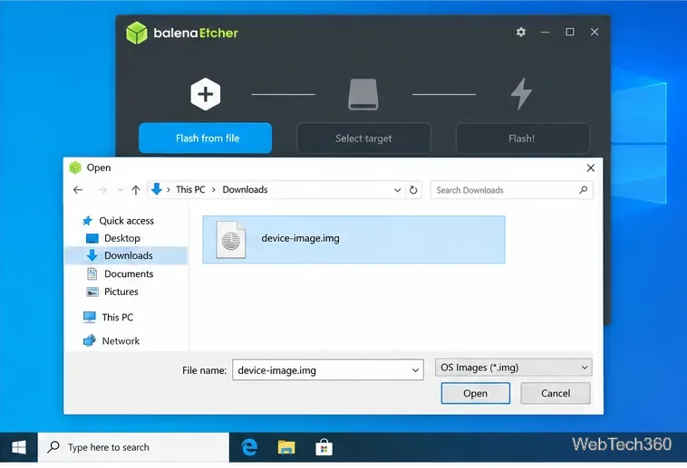O botão "Etcher Flash a partir de arquivo" e uma imagem de disco selecionada no seletor de arquivos do Windows.