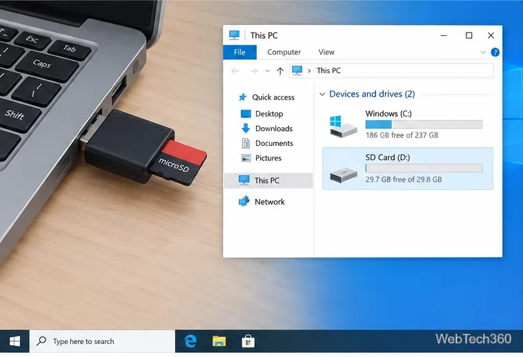 Um leitor de cartão microSD conectado a um laptop, com o cartão listado no Explorador de Arquivos do Windows.