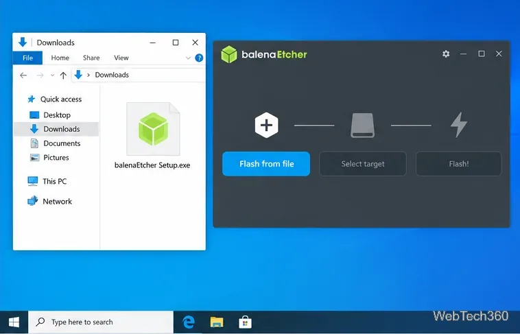 O balenaEtcher será aberto em uma área de trabalho do Windows 10 após o download do instalador.