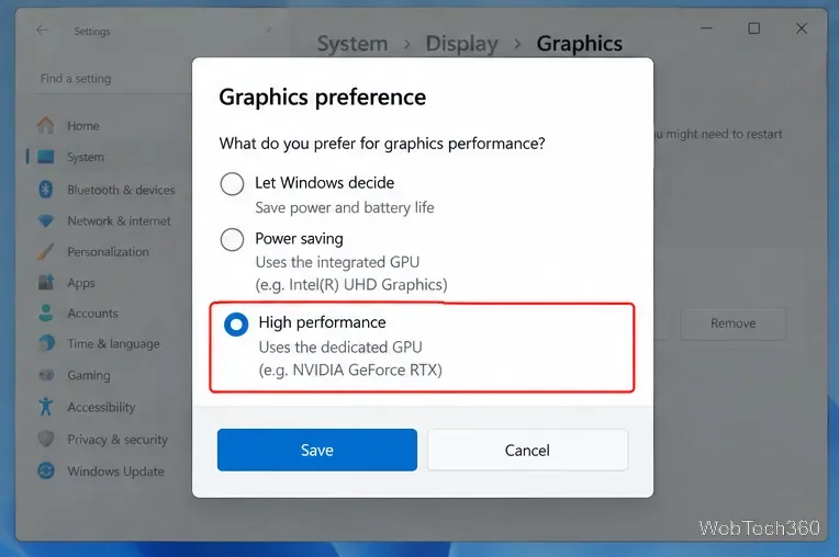 Windows Graphics preference dialog with High performance selected and the Save button visible