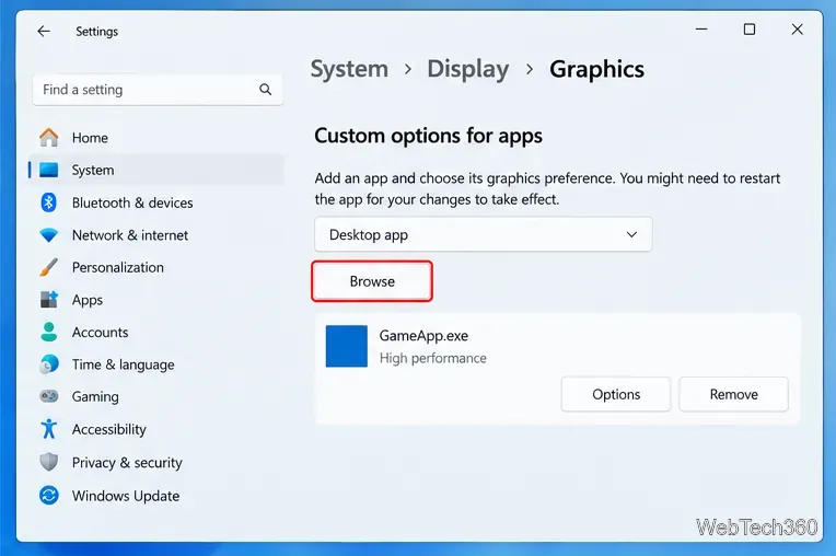 Windows Graphics settings showing Desktop app, Browse, and an added GameApp.exe entry