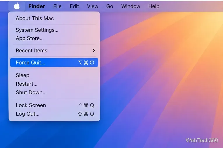 macOSのAppleメニューが開き、「強制終了」がハイライト表示されます。