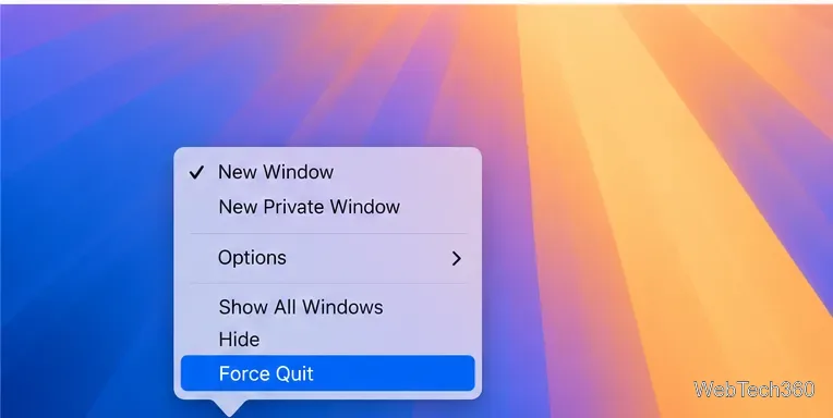macOSアプリのショートカットメニューで、「強制終了」コマンドがハイライト表示されている。