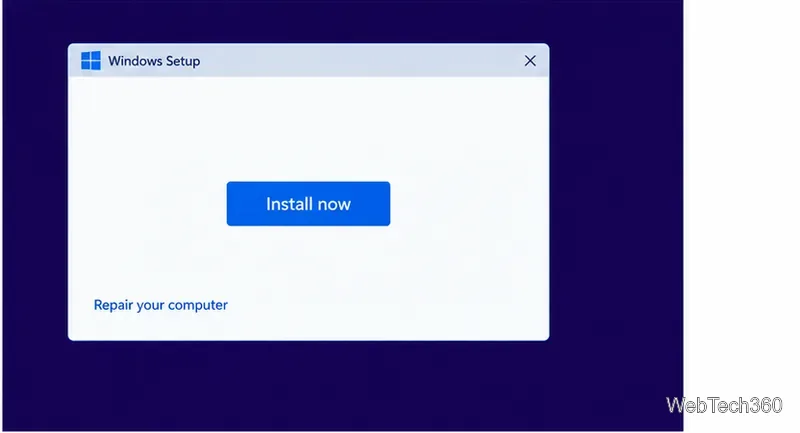 На экране установки Windows под кнопкой «Установить сейчас» отображается ссылка «Восстановить компьютер».