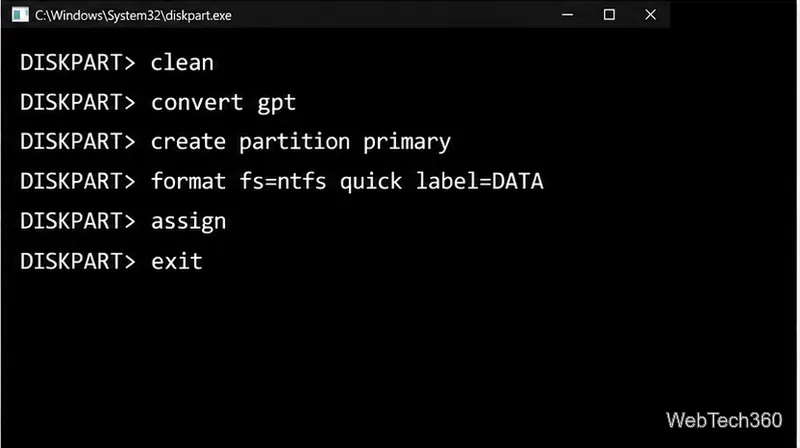 В консоли DiskPart отображаются команды clean, convert gpt, create partition primary, format fs=ntfs quick label=DATA, assign и exit.