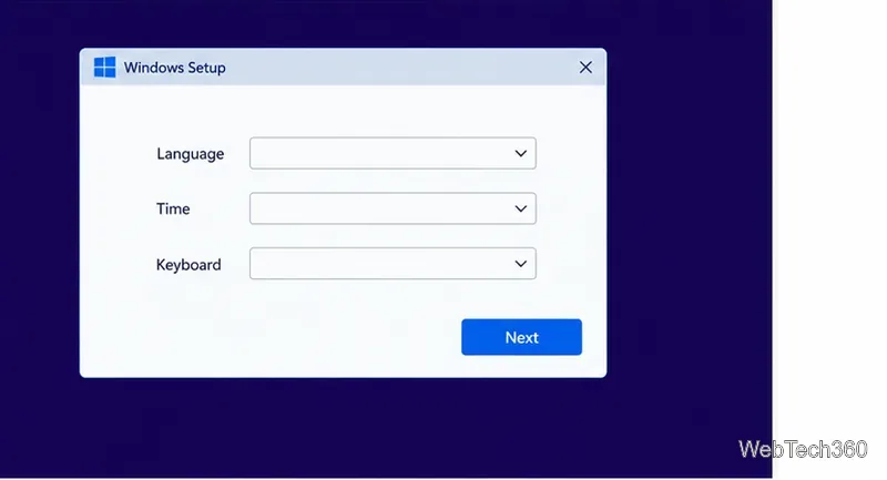 На экране установки Windows перед кнопкой «Далее» отображаются параметры выбора языка, времени и клавиатуры.