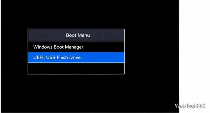 В стандартном меню загрузки пункт UEFI: USB Flash Drive выделен под загрузчиком Windows.
