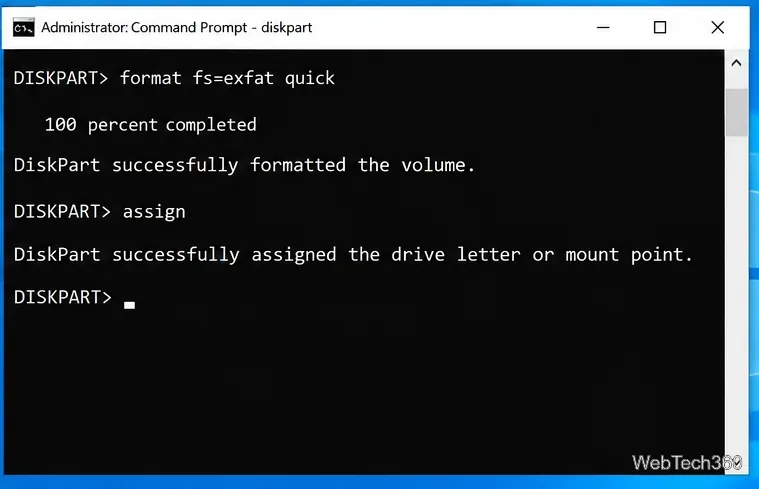 Программа Windows 10 DiskPart завершает быстрое форматирование exFAT и назначает букву диска.