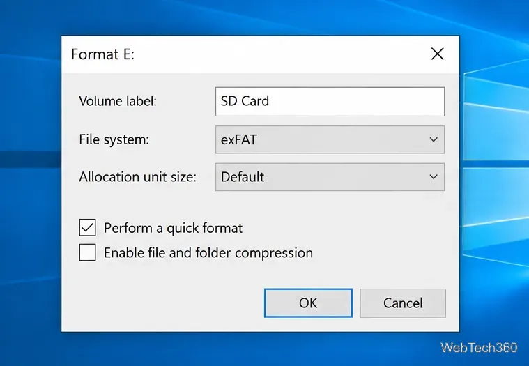В диалоговом окне «Форматирование» в «Управлении дисками» Windows 10 установлен формат exFAT с включенным быстрым форматированием.