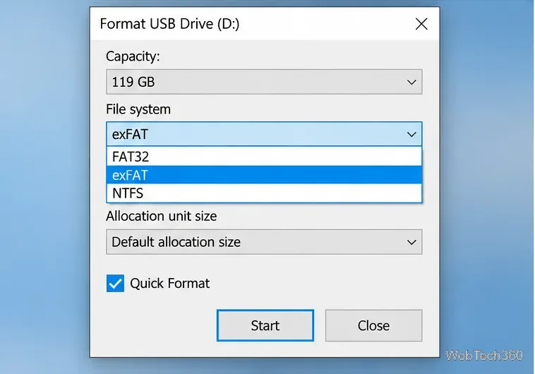 Диалоговое окно форматирования в Windows 10, отображающее параметры exFAT, FAT32, NTFS и быстрое форматирование.