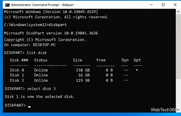 Программа DiskPart в Windows 10 выводит список дисков и выбирает карту microSD по её ёмкости.