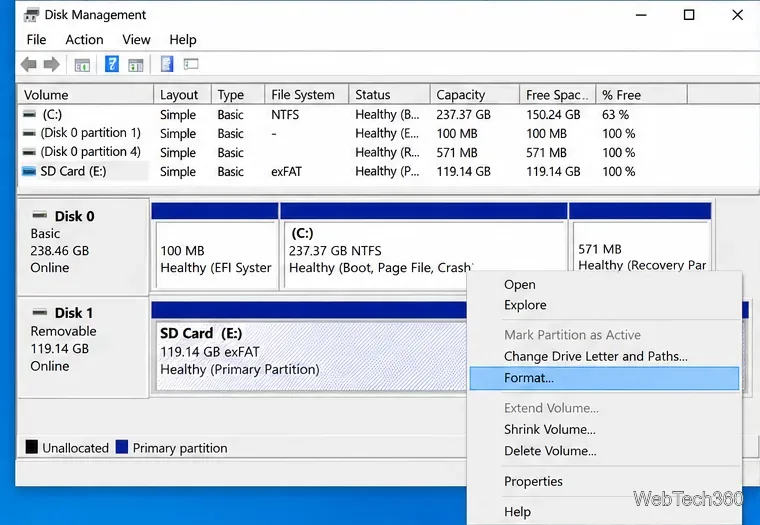 В Windows 10 в разделе «Управление дисками» выбрана команда «Форматировать» для тома SD-карты.