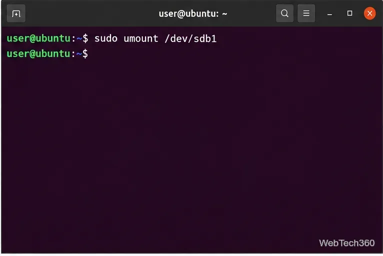 Linuxターミナルでsudo umountコマンドをデバイスsdb1に対して正常に実行しました。