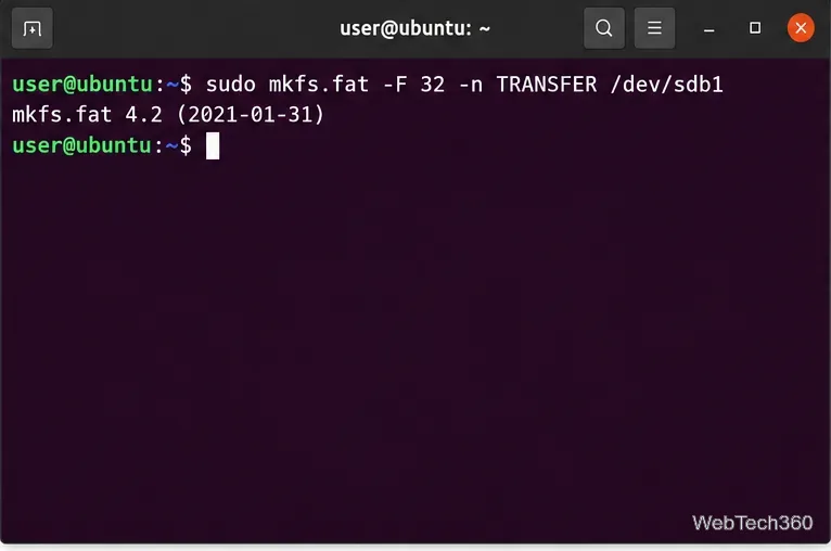 Linuxターミナルでsudo mkfs.fat -F 32 -n TRANSFERをdev sdb1で実行