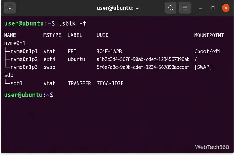 フォーマット後に lsblk -f を実行する Linux ターミナルで、デバイス sdb1 が TRANSFER ラベル付きの vfat として表示される。