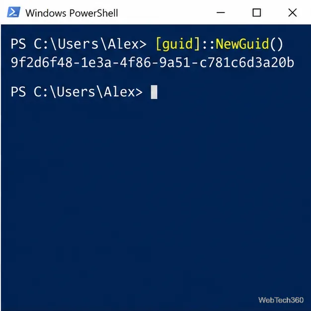 Консоль Windows PowerShell, отображающая команду [guid]::NewGuid() и пример результата в формате GUID.