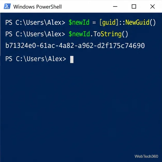 PowerShell сохраняет сгенерированный GUID в переменной `$newId` и выводит его строковое значение.