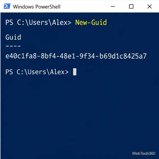 Командлет Windows PowerShell New-Guid возвращает значение из столбца Guid.