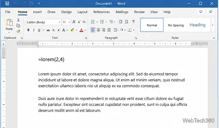 Microsoft Word document showing the =lorem(2,4) command and two paragraphs of Lorem Ipsum placeholder text