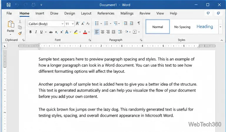 Microsoft Word document filled with several sample paragraphs for previewing spacing and document layout