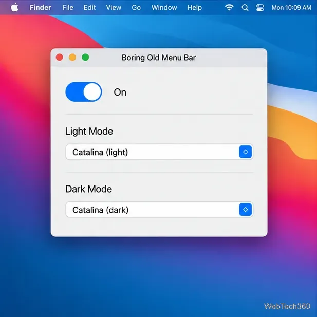 Boring Old Menu Bar settings window showing its On switch and Catalina light and dark style selections