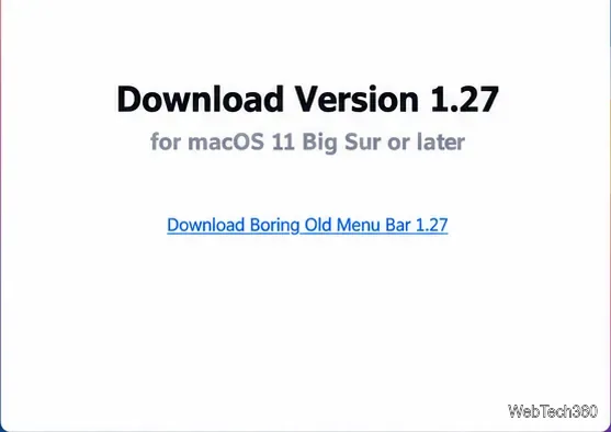 Download page heading for Boring Old Menu Bar version 1.27, compatible with macOS 11 Big Sur or later