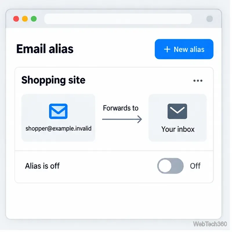 Gestionnaire d'alias d'e-mail affichant une adresse de site marchand redirigeant vers une boîte de réception dont l'alias est désactivé.