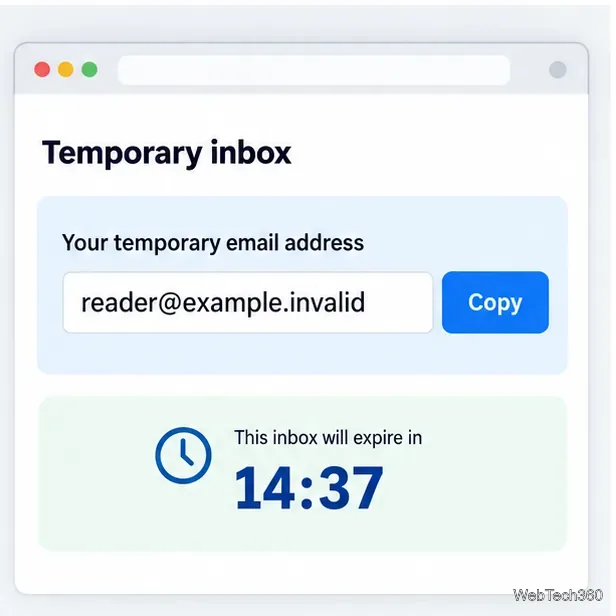 Écran de boîte de réception temporaire avec un exemple d'adresse, un bouton Copier et un compte à rebours d'expiration.