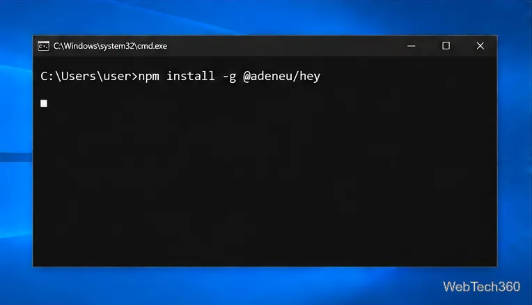 Prompt dei comandi con il comando npm install -g @adeneu/hey inserito