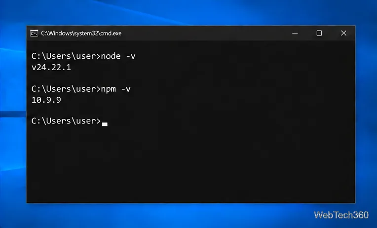 Prompt dei comandi che mostra node --version e npm --version con un esempio di output della versione