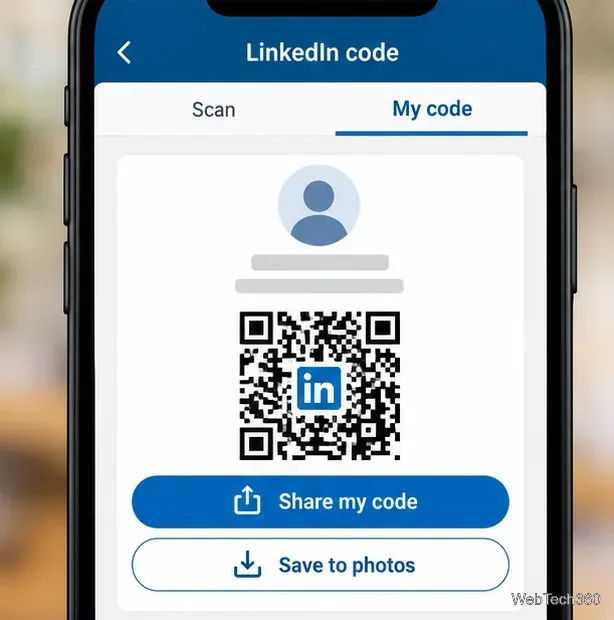 LinkedInのマイコード画面には、QRコードの下に「コードを共有」と「写真に保存」のオプションが表示されます。