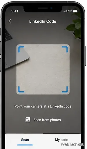LinkedIn QRスキャナーのカメラ画面には、空のスキャンフレームと写真からのスキャンコントロールが表示されます。
