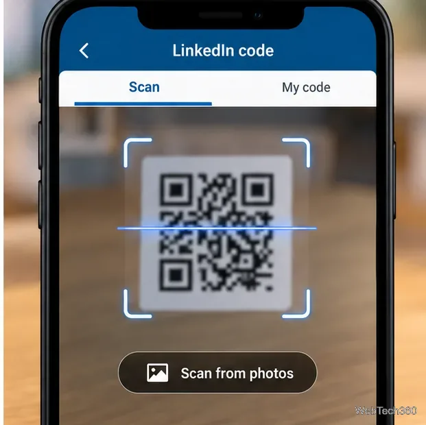LinkedInのスキャンタブには、カメラがQRコードを囲んでいる様子と、「写真からスキャン」オプションが表示されます。