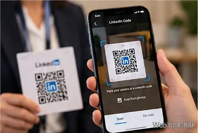 スマートフォンで、他人の名刺に表示されているLinkedInのQRコードをスキャンする