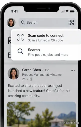LinkedInの検索メニューに「接続するためのコードをスキャン」オプションが表示されます。