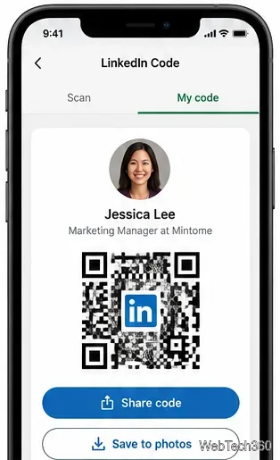 LinkedInのマイコード画面の例:プロフィールカード、個人用QRコード、共有ボタンを表示。