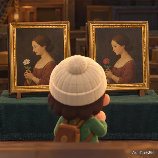 Dois retratos emoldurados semelhantes, lado a lado, com uma pequena diferença na flor que cada figura segura.