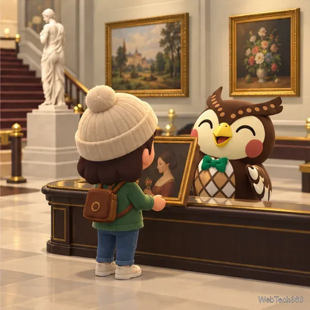Um morador entrega um quadro emoldurado a um curador no balcão de uma galeria de arte de um museu.