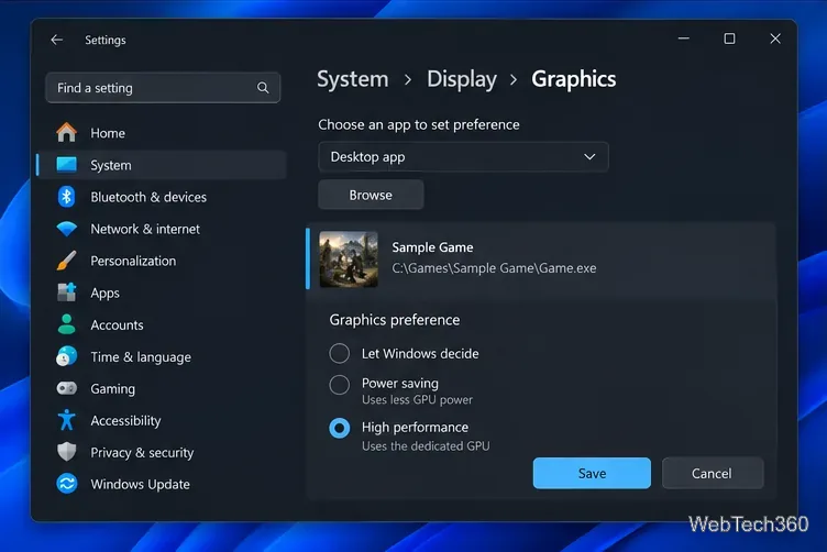 Setări Windows 11 la Sistem, Afișaj, Grafică, cu un joc exemplu setat la Performanță ridicată