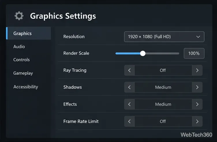 Meniu grafic generic pentru jocuri pe PC care afișează rezoluția, scala de randare, ray tracing-ul, umbrele, efectele și controalele pentru limita ratei de cadre pe secundă