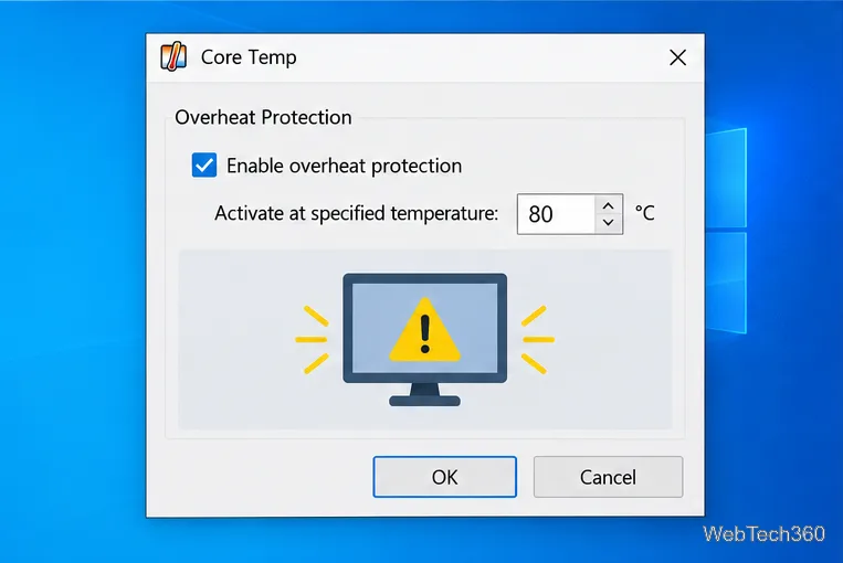 O ilustrație a setărilor de protecție împotriva supraîncălzirii temperaturii centrale cu caseta de selectare de protecție activată și un câmp de temperatură